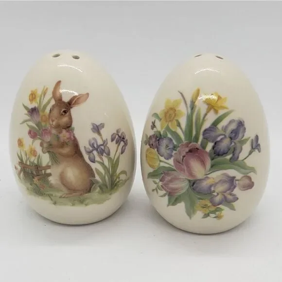 Floral Rabbit Ceramic Easter Salt & Pepper Shaker Set - Picture 2 of 8